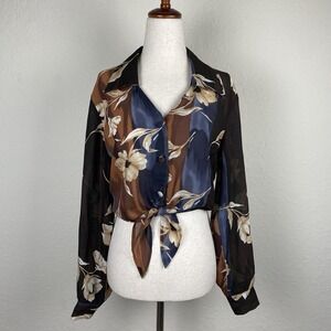 Vtg Hot Stuff S Dark Floral Shirt Crop Tie Long Sleeve Whimsigoth Fairy Grunge